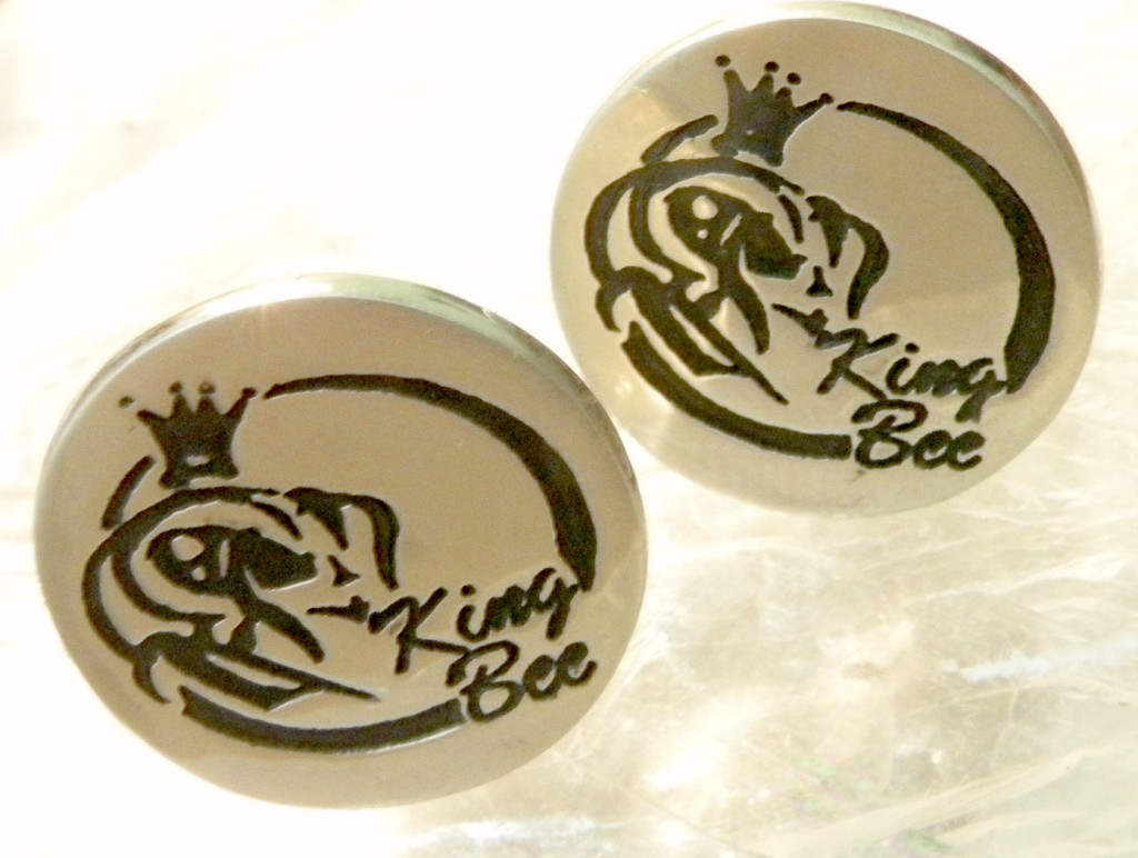 Round Cufflinks with King Bee Logo Carved and Oxidized Solid 14k